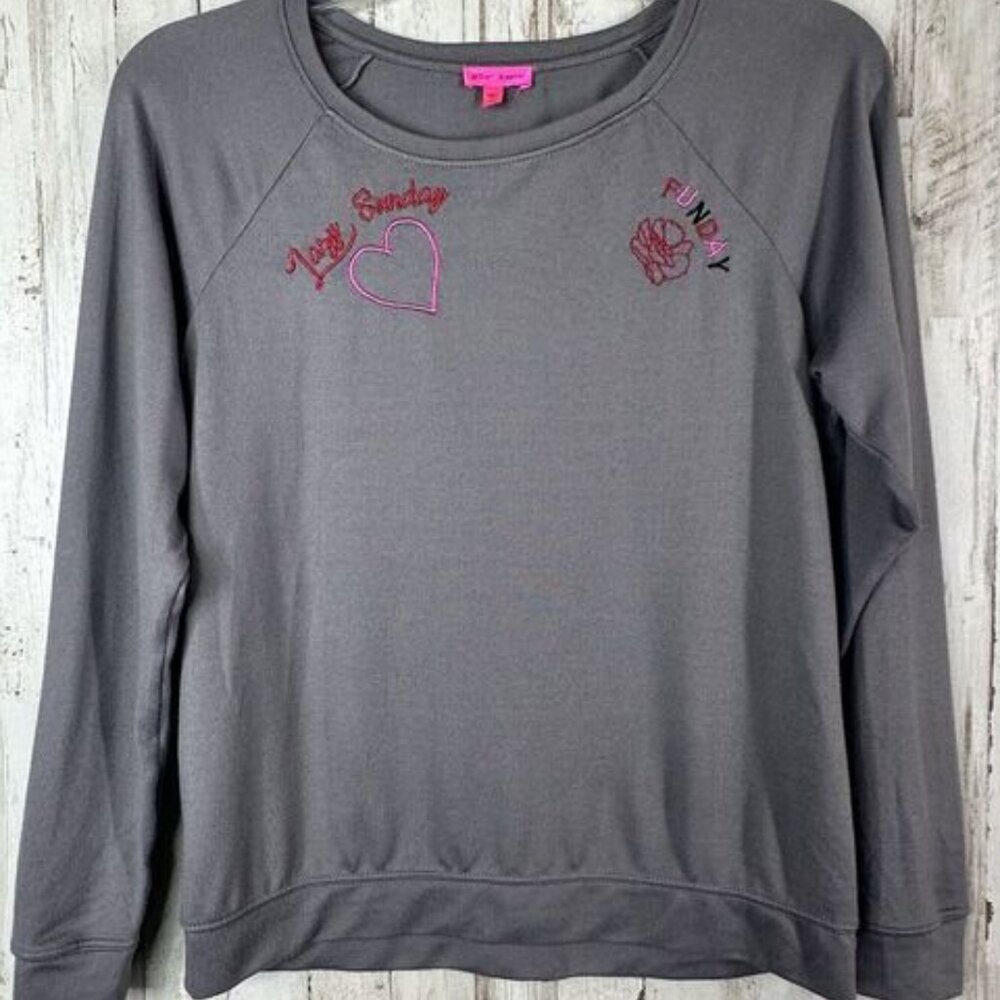 Betsey Johnson Sweatshirt Gray M Lazy Sunday Funday Long Sleeve Soft Cozy Lounge